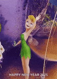 tinkerbell from tinkerbell is flying in the air with her arms outstretched and a happy new year greeting .
