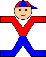 a boy in a red shirt and blue pants with a blue hat
