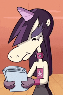 a cartoon character with purple hair and a horn is holding a stack of papers