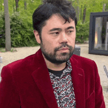 a man with a beard wearing a red velvet jacket