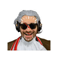 a man wearing a wig and headphones has a fuel gauge on his head
