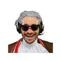 a man wearing a wig and headphones has a fuel gauge on his head