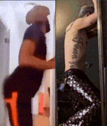 a man with a tattoo on his back is standing next to a woman