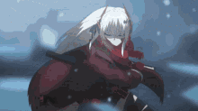 a girl with white hair is holding a sword in her hand