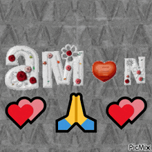 the word amen is surrounded by hearts and a praying hand