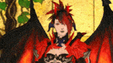 a woman with red hair and horns is wearing a red and black costume