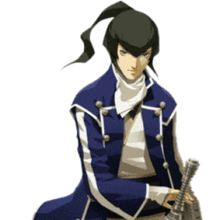 a man with a ponytail is holding a gun