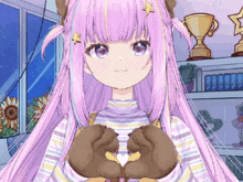 a girl with purple hair is holding a teddy bear