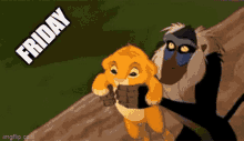 a monkey and a lion from the lion king are walking down a path with the words friday above them .