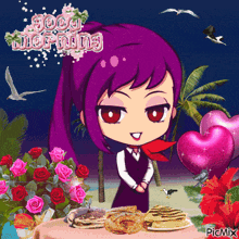 a girl with purple hair is standing next to a table with pancakes