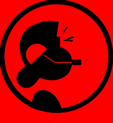a red circle with a black silhouette of a person wearing headphones