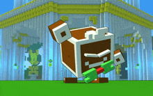a brown and white block with a green arm is standing in front of a white building