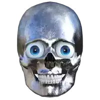 a silver skull with blue eyes and white teeth on a white background