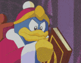 a cartoon character is holding a book and looking at it