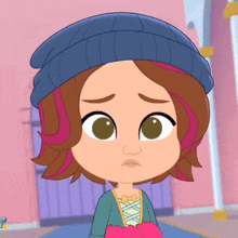 a cartoon girl wearing a blue beanie and pink hair