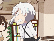 a cartoon character with white hair and suspenders is standing in front of a stained glass window