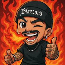 a cartoon of a man wearing a black beanie that says blazzard