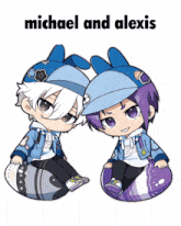 a couple of anime characters sitting next to each other with the name michael and alexis on the bottom