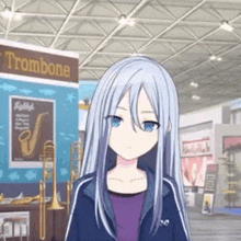 a girl with long white hair and blue eyes is standing in front of a store .