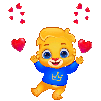 a cartoon lion wearing a blue shirt with a crown on it is surrounded by hearts