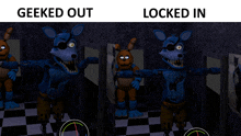 a geeked out and locked in poster with cartoon characters in a bathroom