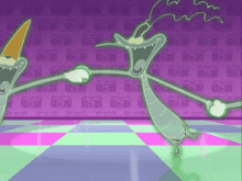two cartoon characters are dancing in front of a purple wall