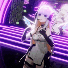 a girl in a white dress is standing in front of a stage with purple lights .