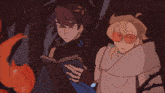 a drawing of a man reading a book with the word megane on the bottom left