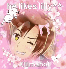 a picture of a boy with flowers and the words he likes lilly on it