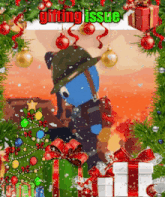 a blue teddy bear wearing a hat is surrounded by christmas presents and the words gifting issue above it