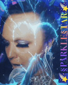 a woman singing into a microphone with the words sparklestar on the bottom right