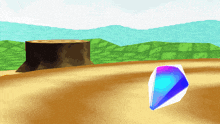 a cartoon landscape with a tree stump and a blue diamond