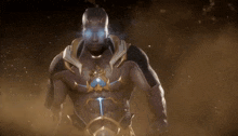 a man with glowing eyes is standing in a dark area