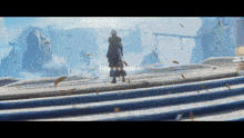a person standing on a set of stairs with a sword