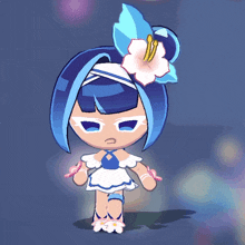 a girl with blue hair and a white flower in her hair