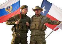 two soldiers standing next to each other one of whom is wearing a vest that says new york army