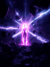 a woman is standing in the middle of a purple lightning storm in space