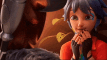 a cartoon character with blue hair and black nails is smiling