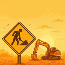 a yellow sign with a man digging next to an excavator and the word bom on the bottom