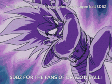 a purple cartoon character with the words join the community of those who love dragon ball