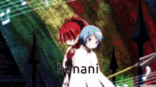 a couple of anime characters standing next to each other with the word banani in the corner
