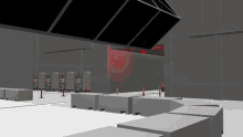 a computer generated image of a warehouse with a red exit sign in the background