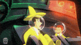 a cartoon of a man in a yellow hat sitting next to another man