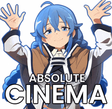 a poster with a girl with blue hair and the words " absolute cinema "