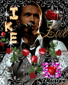 a man singing into a microphone surrounded by red roses and the word love on the bottom
