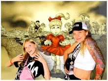a girl wearing a black shirt with the letter a on it stands next to another girl