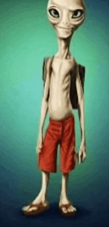 a cartoon alien is wearing red shorts and flip flops and carrying a backpack .