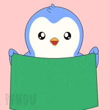 a blue and white penguin is holding a green piece of paper with the word engu on the bottom