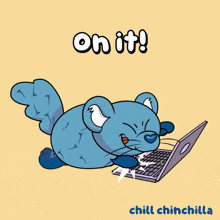 a cartoon illustration of a chinchilla using a laptop computer