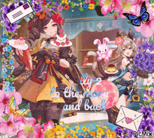 a picture of two anime girls with the words fly 2 to the moon and back written on it